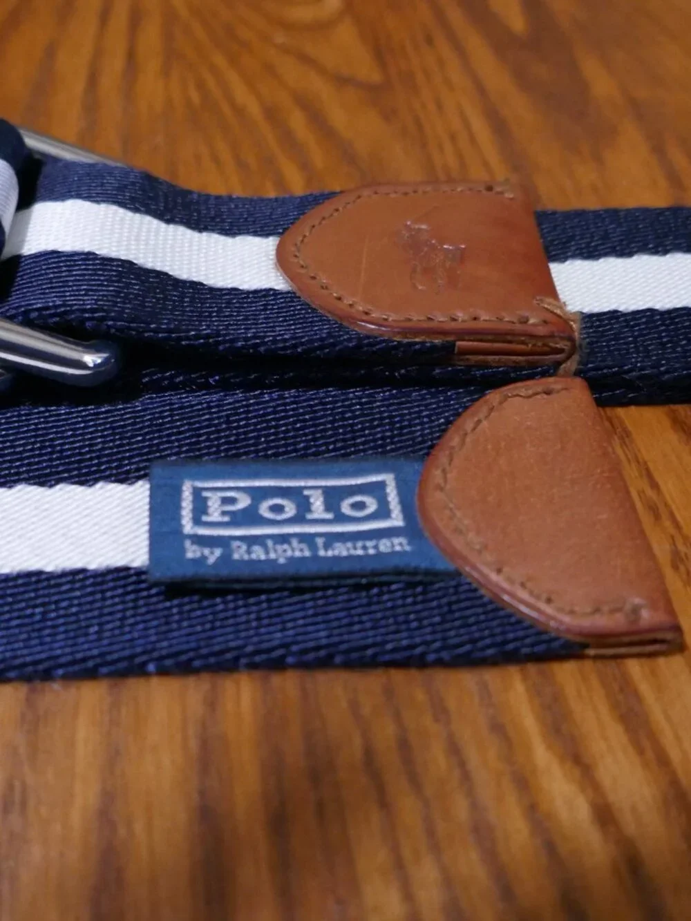 Polo Ralph Lauren Navy and White Striped Fabric Webbed Belt Leather Trim 42